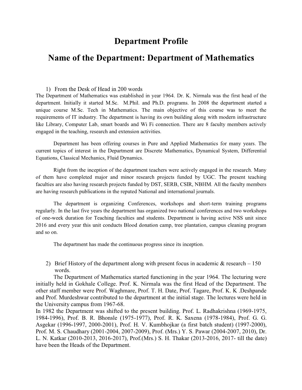 Department Profile Name of the Department: Department of Mathematics