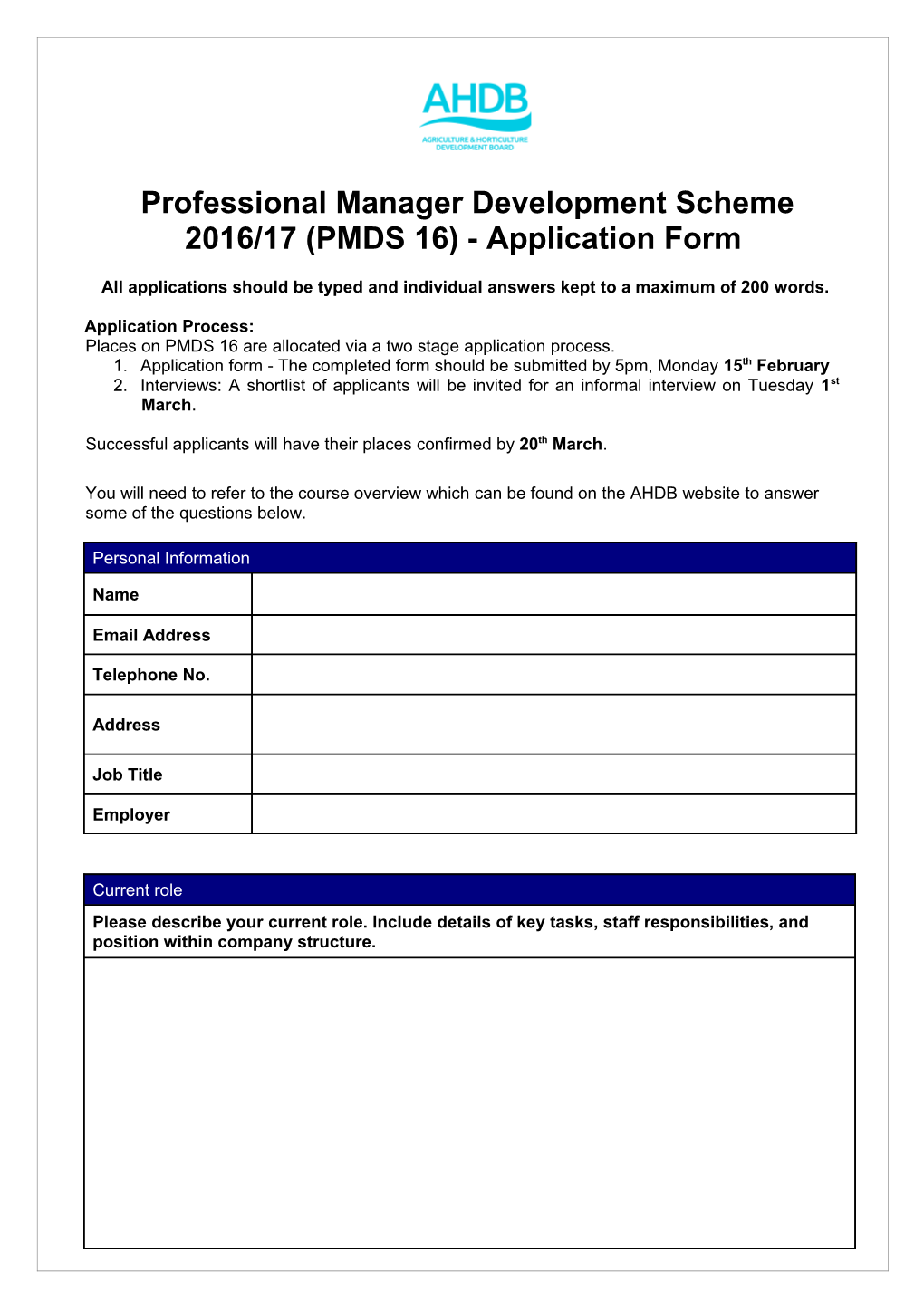 Professional Manager Development Scheme 2016/17 (PMDS 16) - Application Form