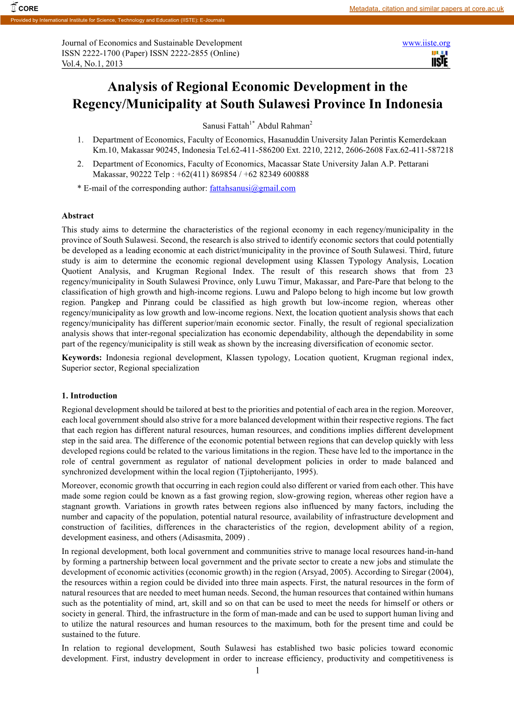 Analysis of Regional Economic Development in the Regency/Municipality at South Sulawesi Province in Indonesia