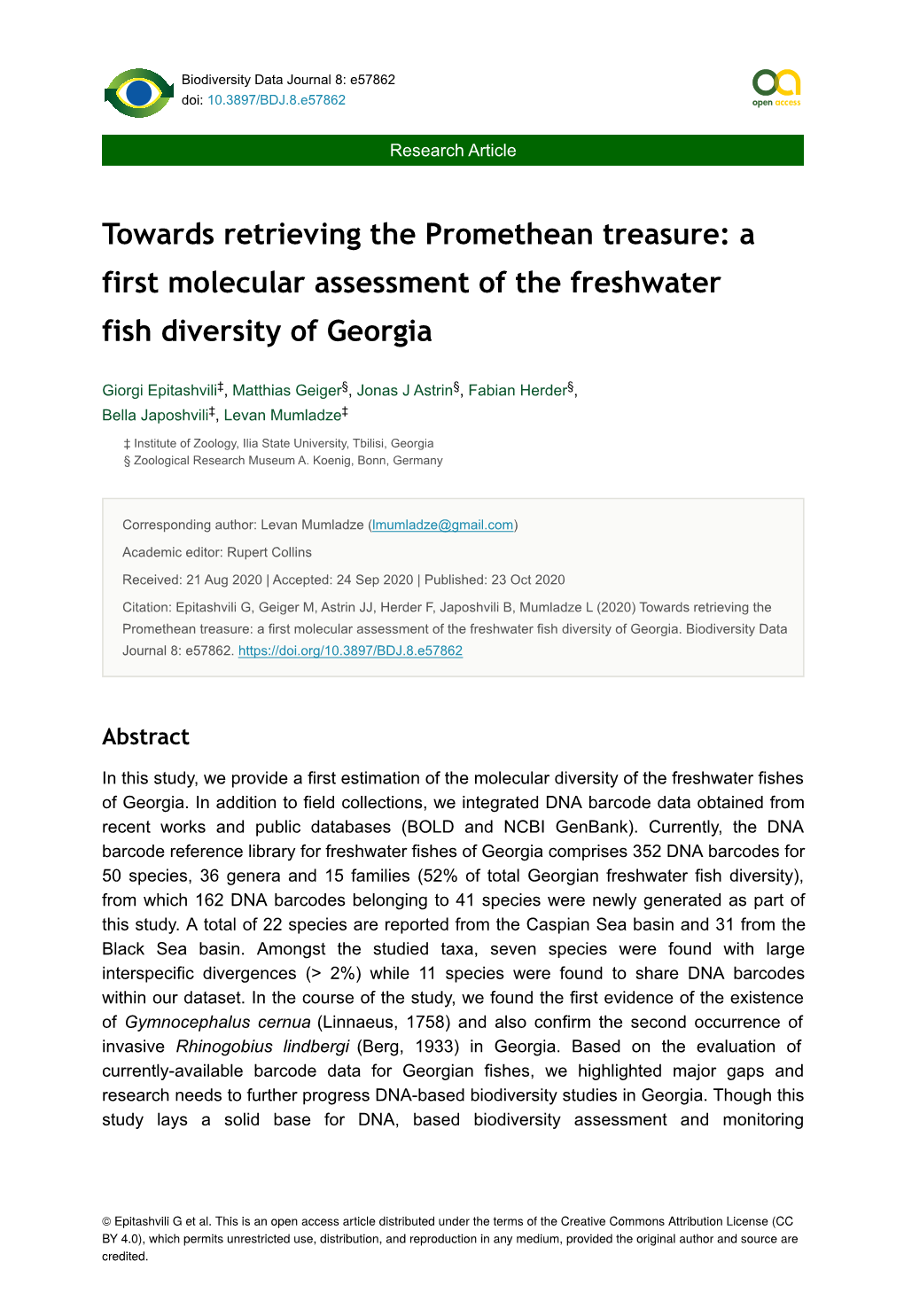 A First Molecular Assessment of the Freshwater Fish Diversity of Georgia