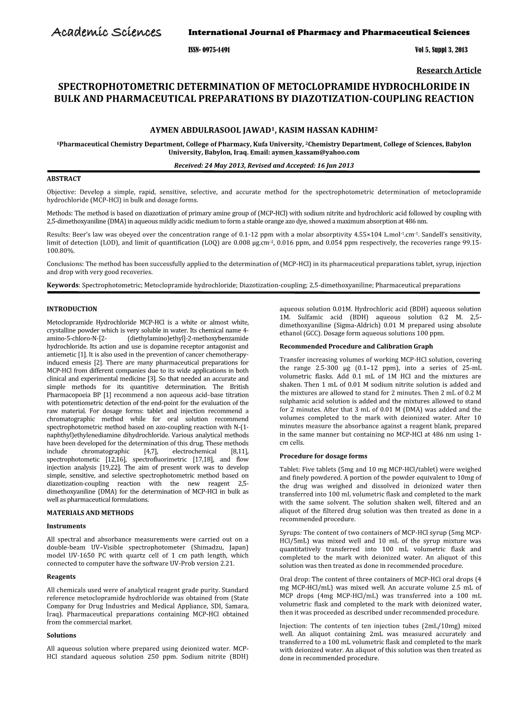 Spectrophotometric Determination of Metoclopramide Hydrochloride in Bulk and Pharmaceutical Preparations by Diazotization-Coupling Reaction