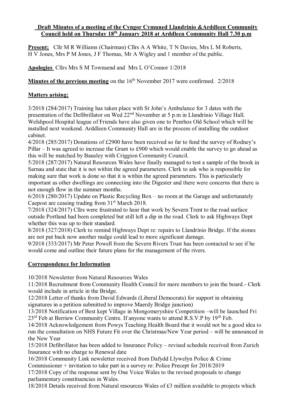 Draft Minutes of a Meeting of the Cyngor Cymuned Llandrinio &Arddleen Community Council Held on Thursday 18Th January 2018 at Arddleen Community Hall 7.30 P.M