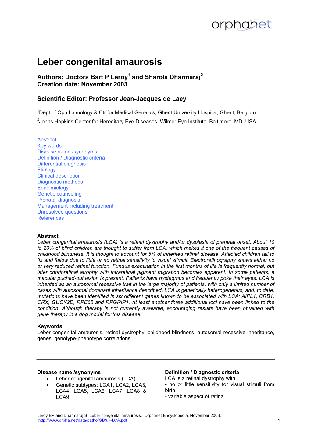 Leber Congenital Amaurosis