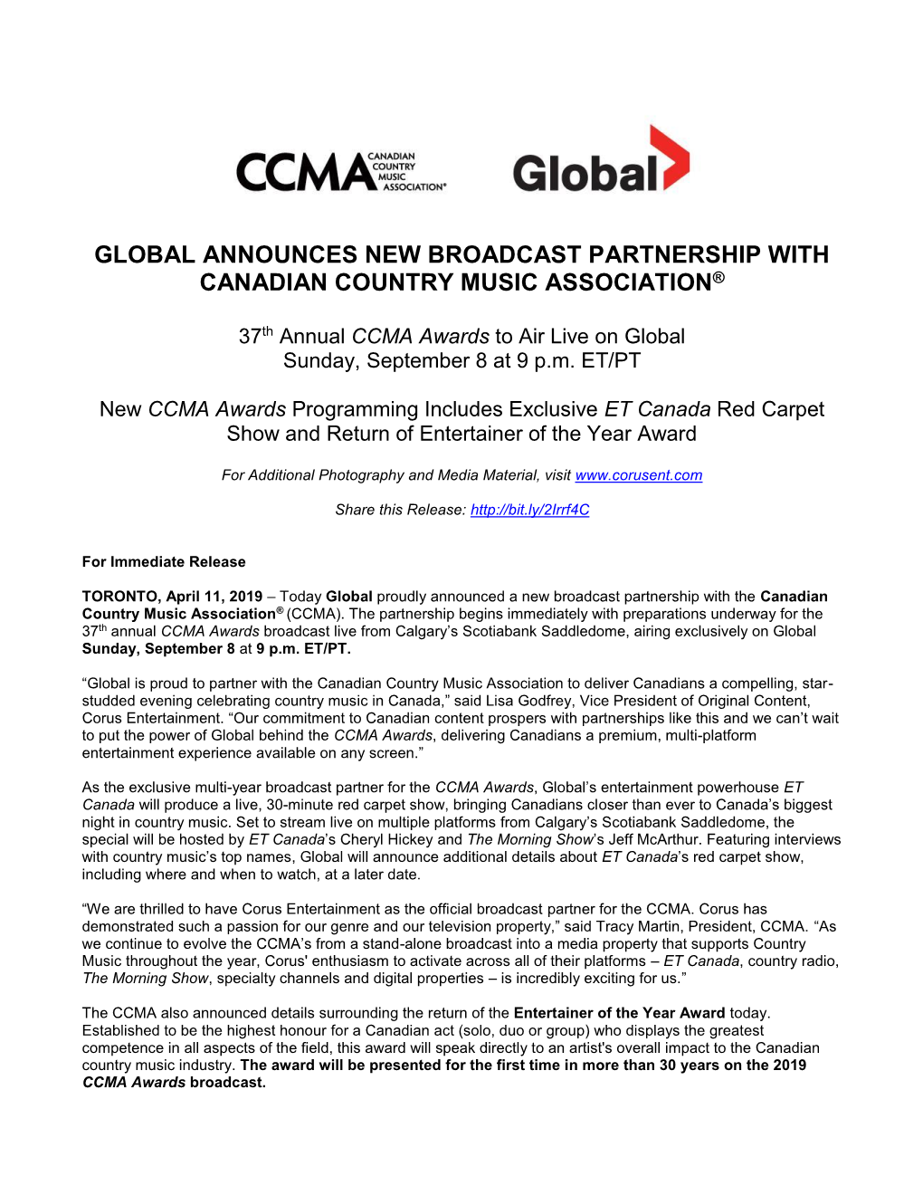 Global Announces New Broadcast Partnership with Canadian Country Music Association®