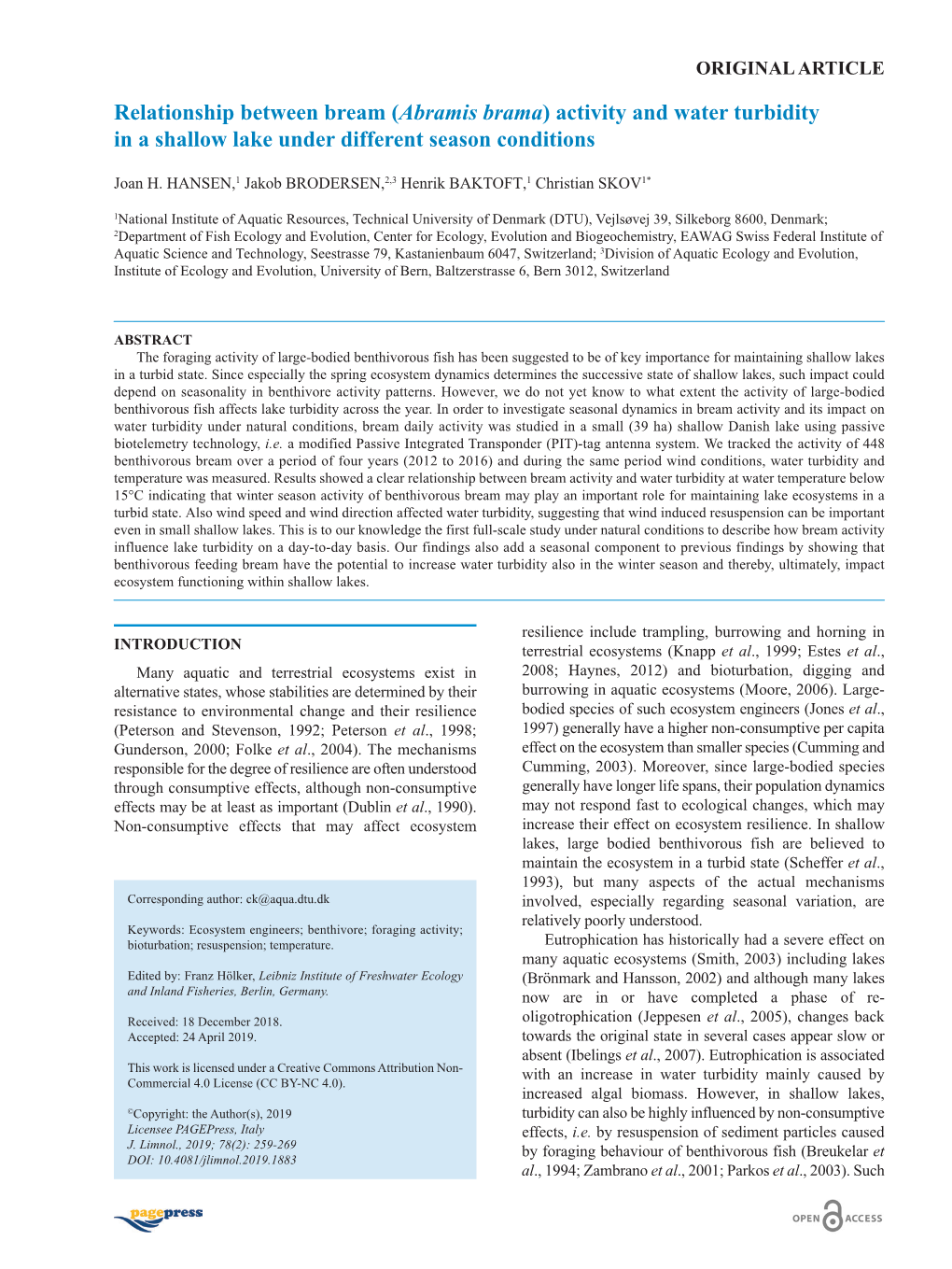 Abramis Brama) Activity and Water Turbidity in a Shallow Lake Under Different Season Conditions