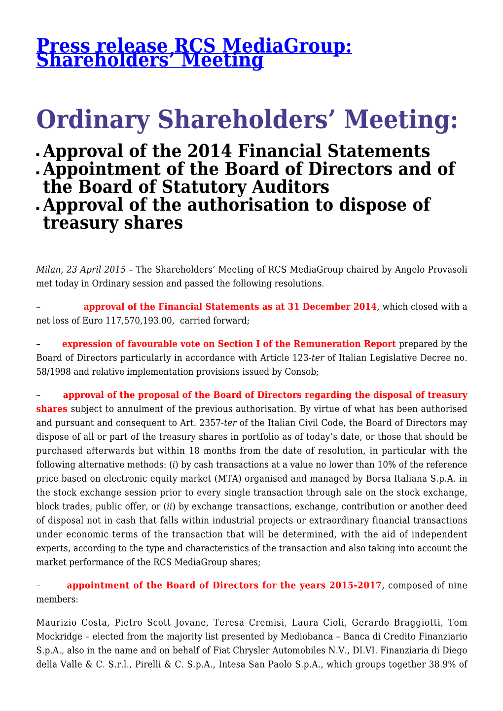 Press Release RCS Mediagroup: Shareholders' Meeting