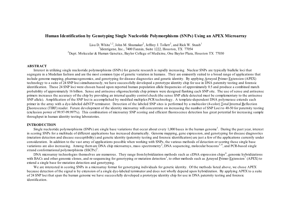 Human Identification by Genotyping Single Nucleotide Polymorphisms (Snps) Using an APEX Microarray