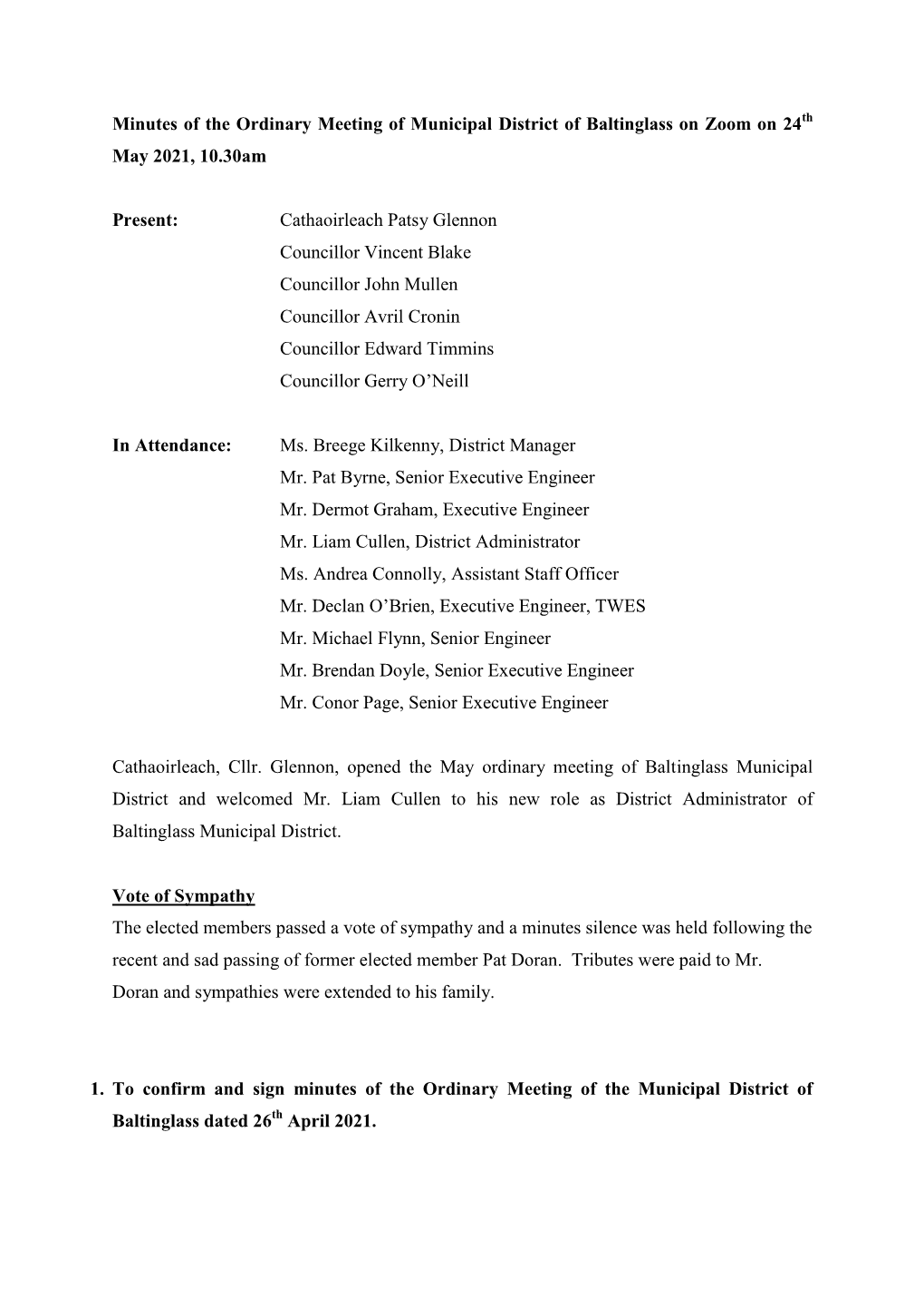 Minutes of the Ordinary Meeting of Municipal District of Baltinglass on Zoom on 24Th May 2021, 10.30Am