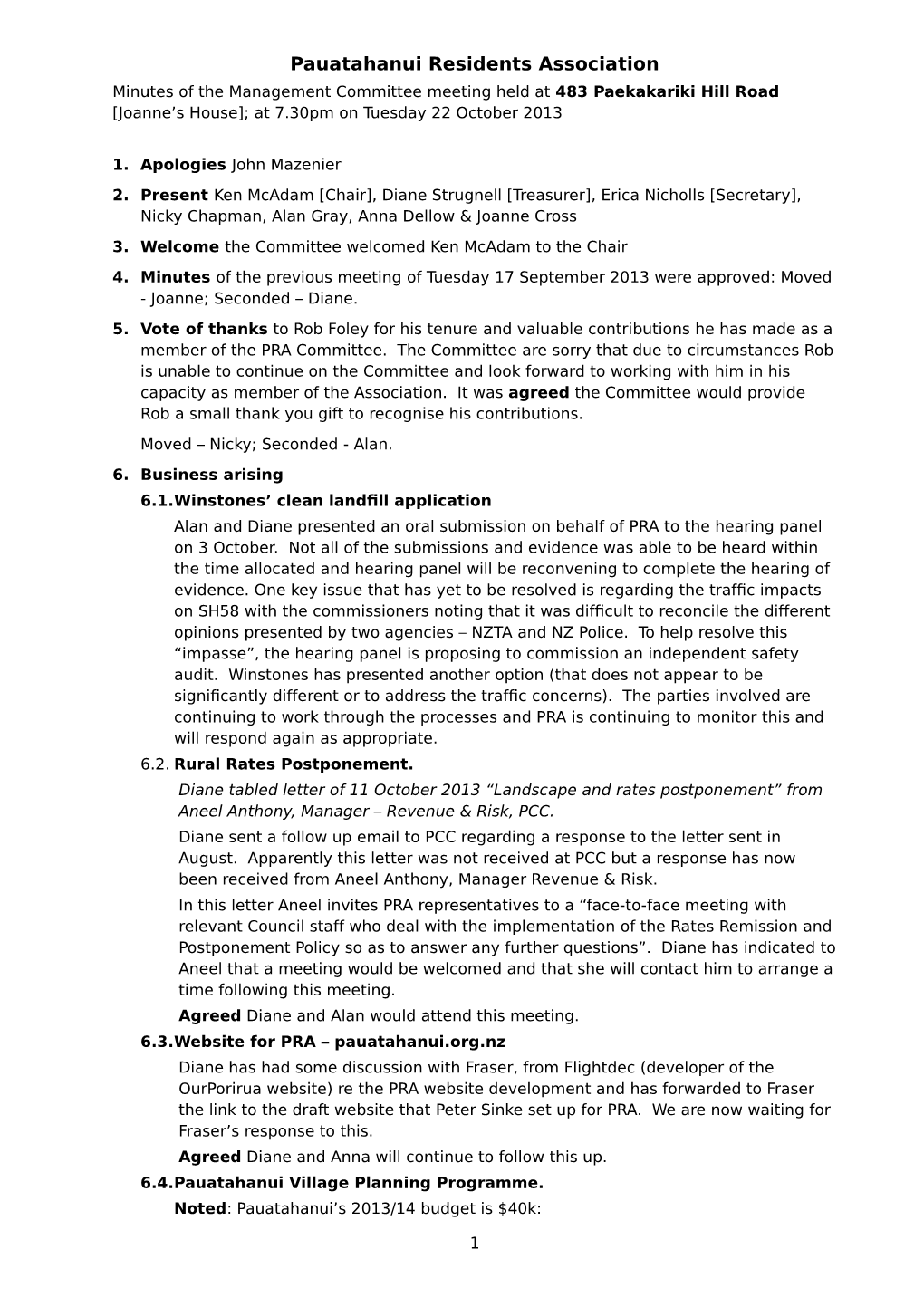 Pauatahanui Residents Association Minutes of the Management Committee Meeting Held at 483 Paekakariki Hill Road [Joanne’S House]; at 7.30Pm on Tuesday 22 October 2013