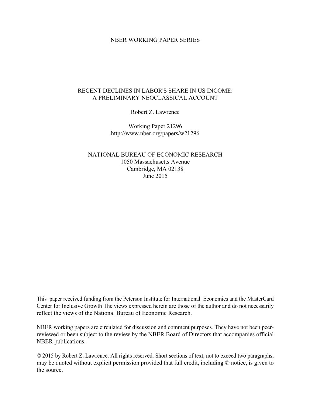 Recent Declines in Labor's Share in Us Income: a Preliminary Neoclassical Account