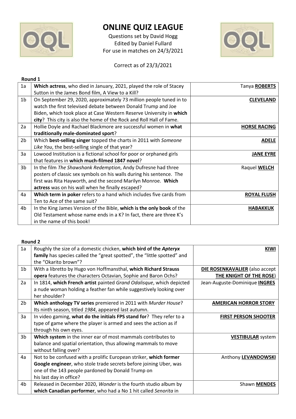 ONLINE QUIZ LEAGUE Questions Set by David Hogg Edited by Daniel Fullard for Use in Matches on 24/3/2021