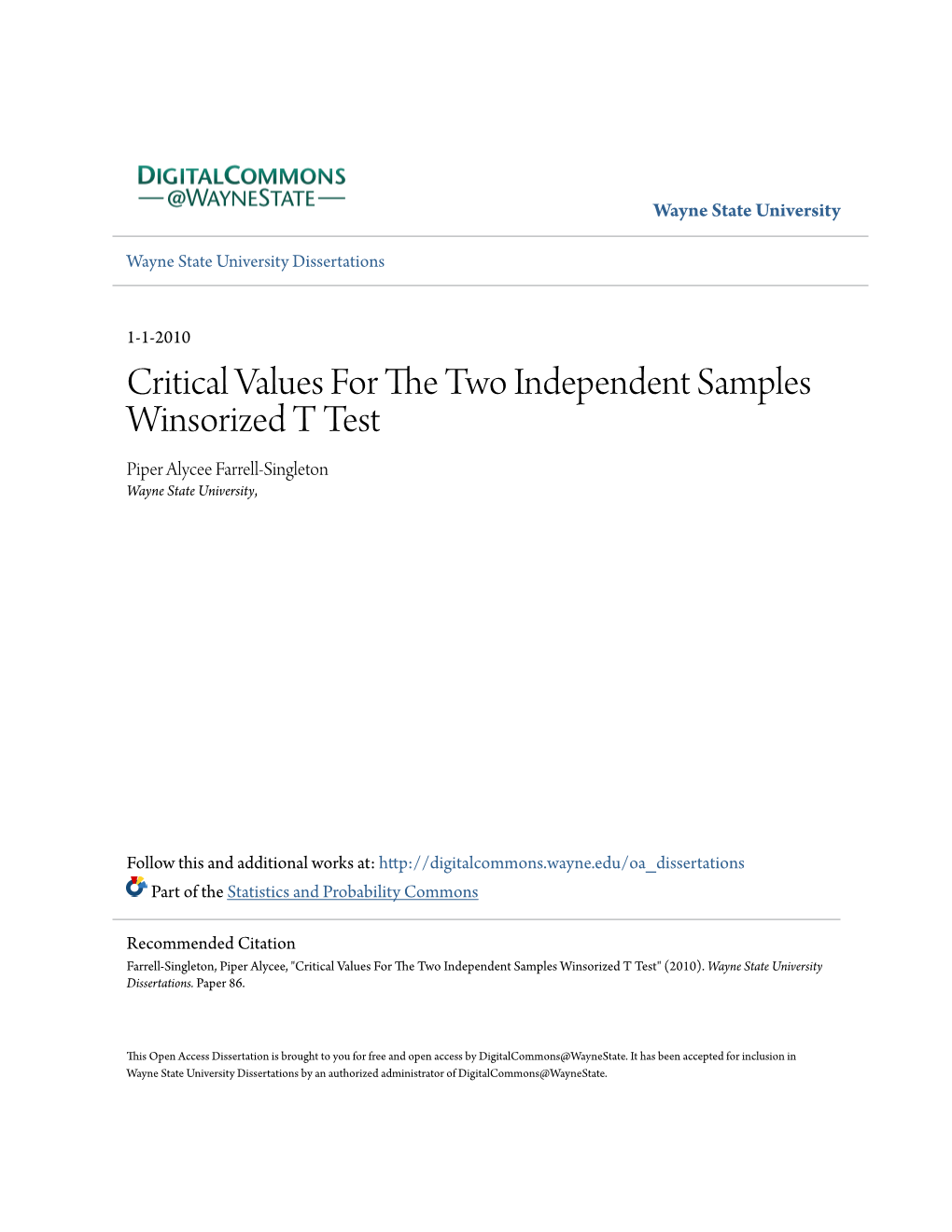 Critical Values for the Two Independent Samples Winsorized T Test