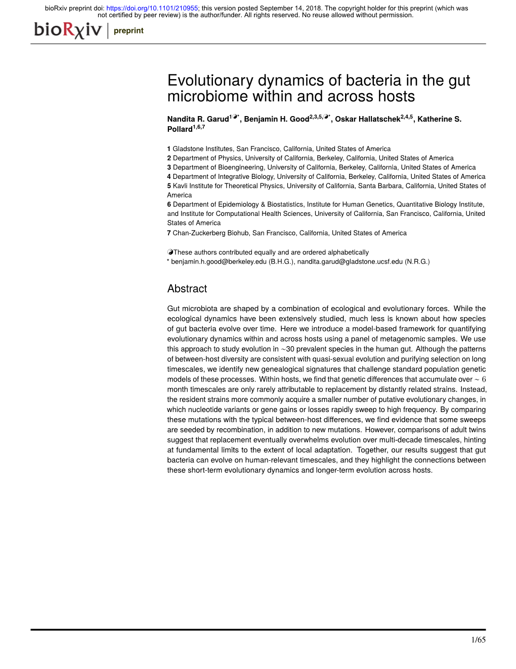 Evolutionary Dynamics of Bacteria in the Gut Microbiome Within and Across Hosts