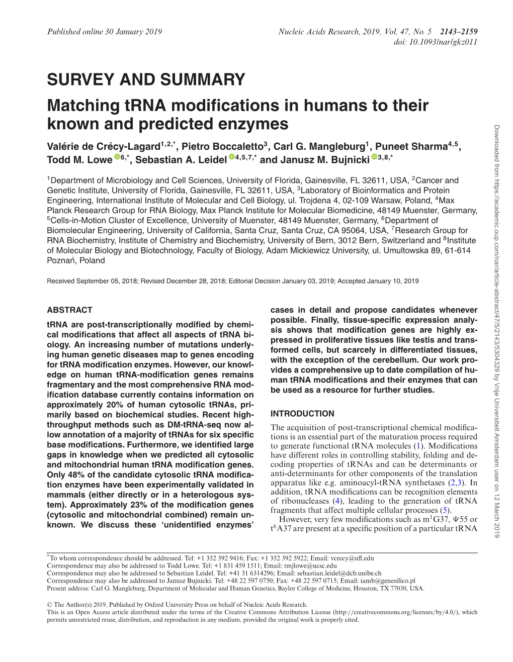 SURVEY and SUMMARY Matching Trna Modifications In