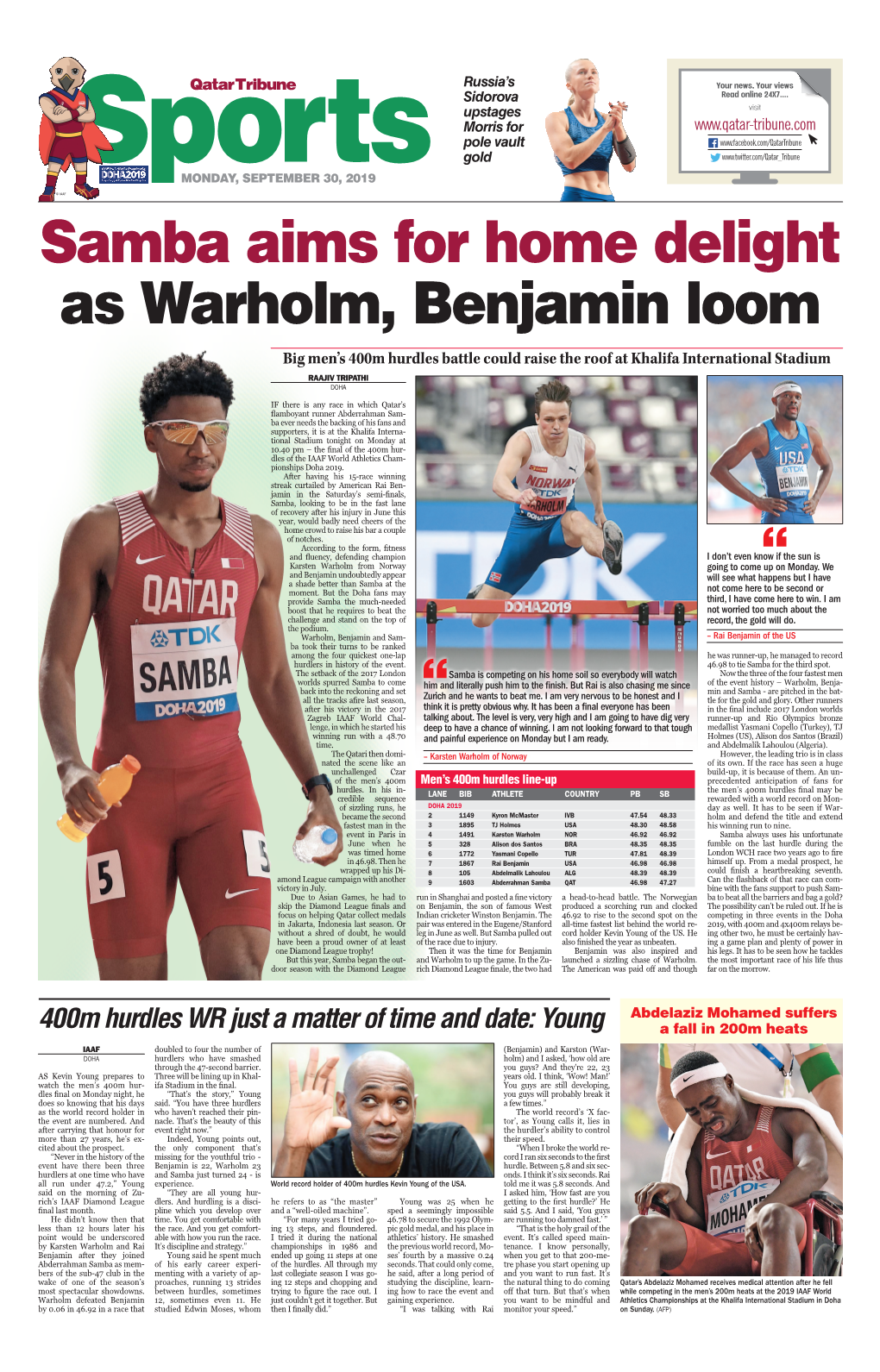 Samba Aims for Home Delight As Warholm, Benjamin Loom Big Men’S 400M Hurdles Battle Could Raise the Roof at Khalifa International Stadium Raajiv Tripathi DOHA