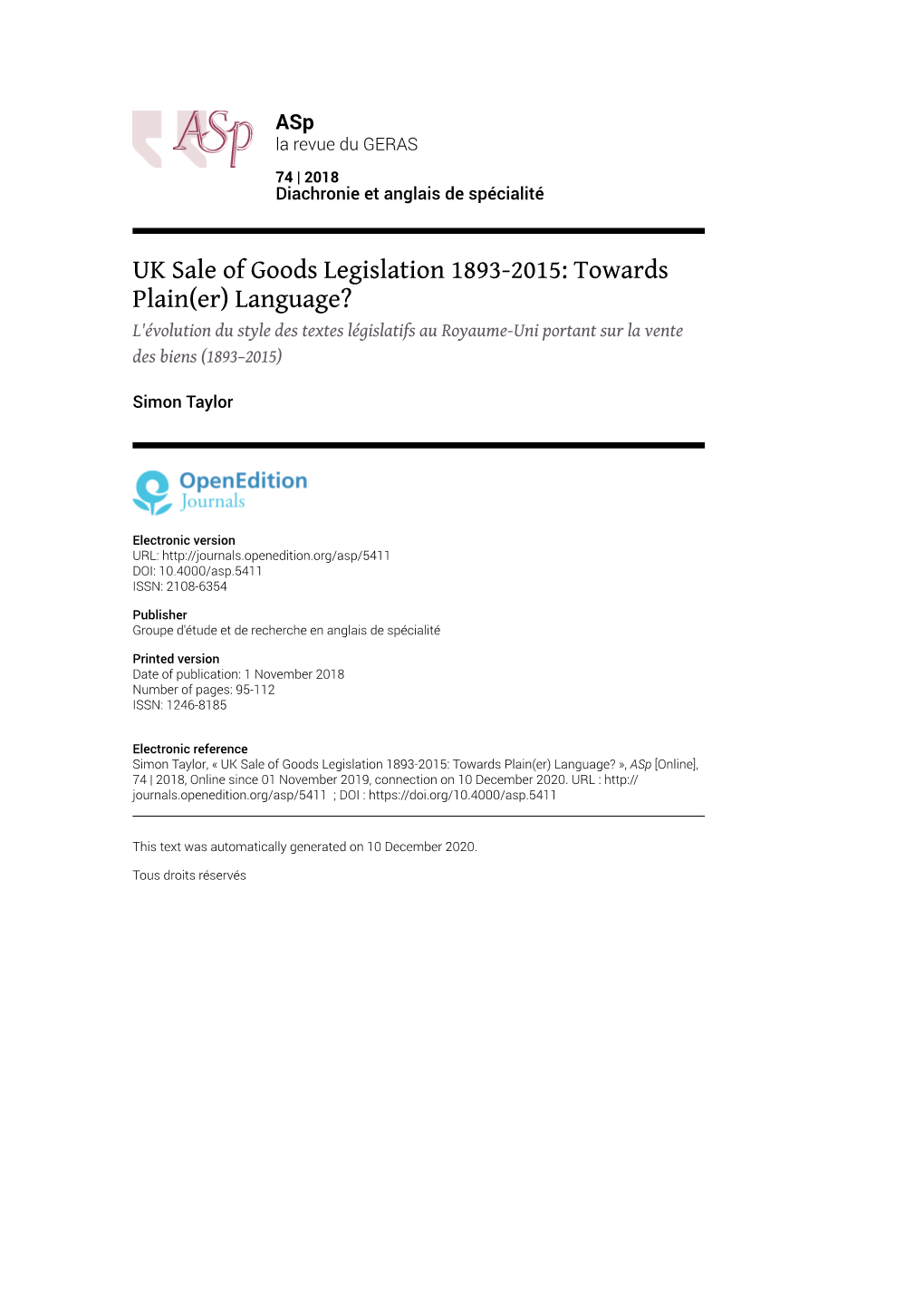 UK Sale of Goods Legislation 1893-2015: Towards Plain(Er)