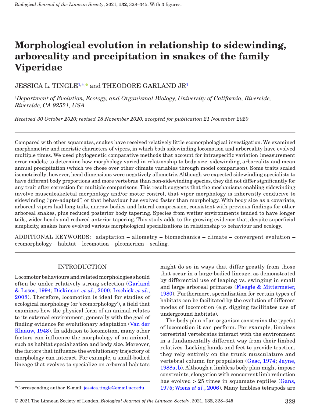 Morphological Evolution in Relationship to Sidewinding, Arboreality and Precipitation in Snakes of the Family Viperidae