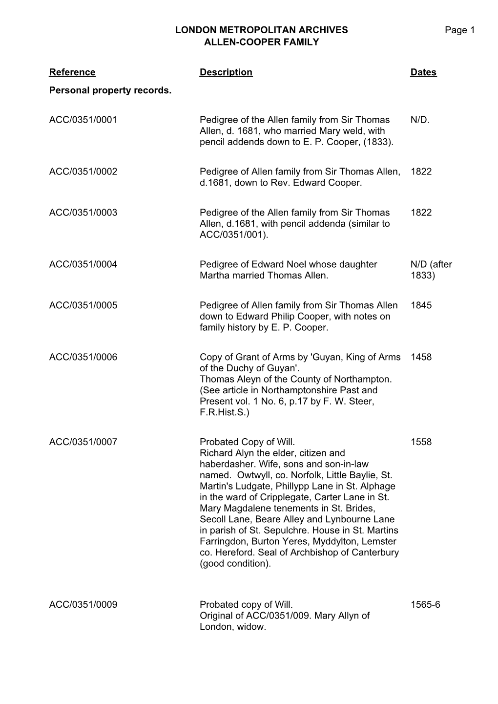 LONDON METROPOLITAN ARCHIVES ALLEN-COOPER FAMILY ACC/0351 Page 1 Reference Description Dates Personal Property Records. ACC/0351