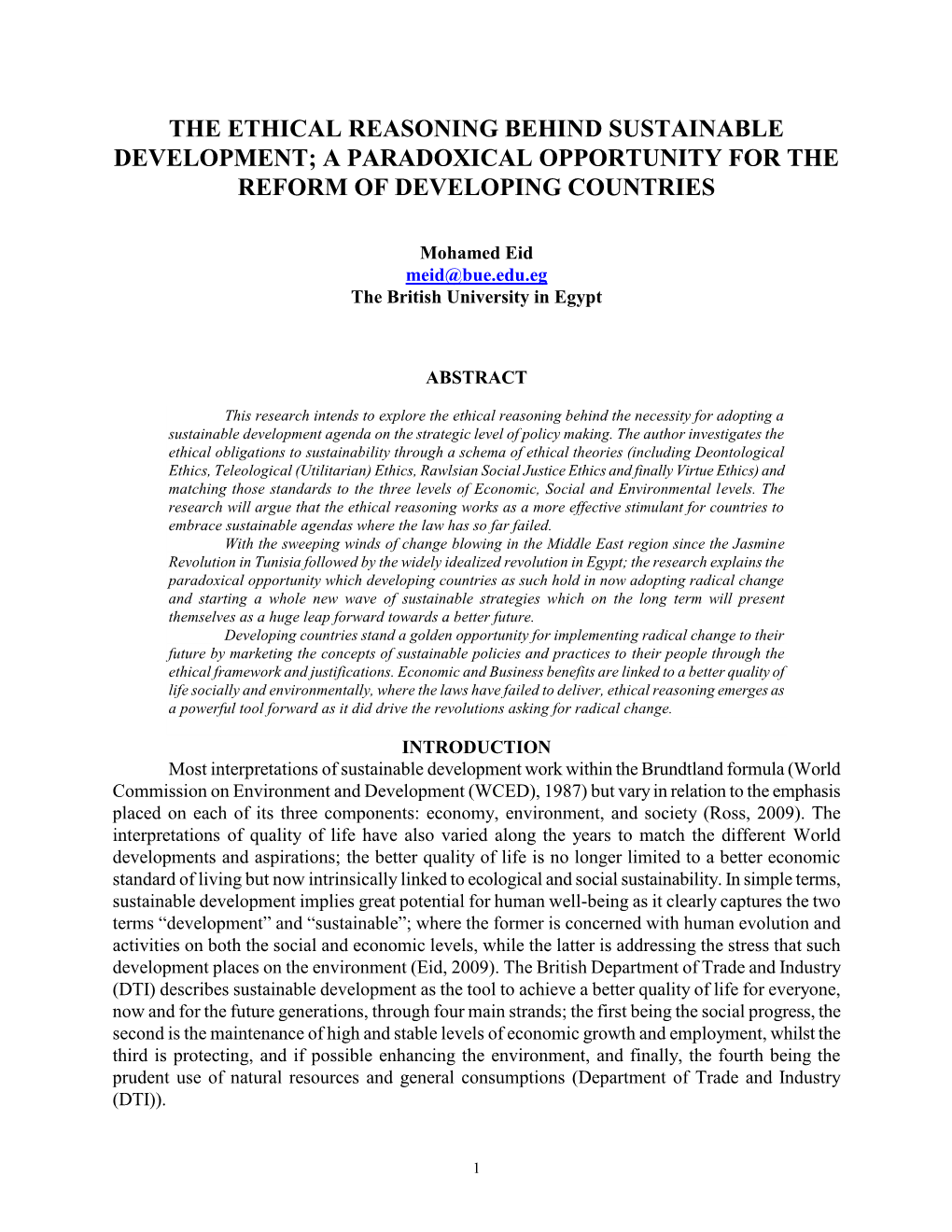 The Ethical Reasoning Behind Sustainable Development; a Paradoxical Opportunity for the Reform of Developing Countries