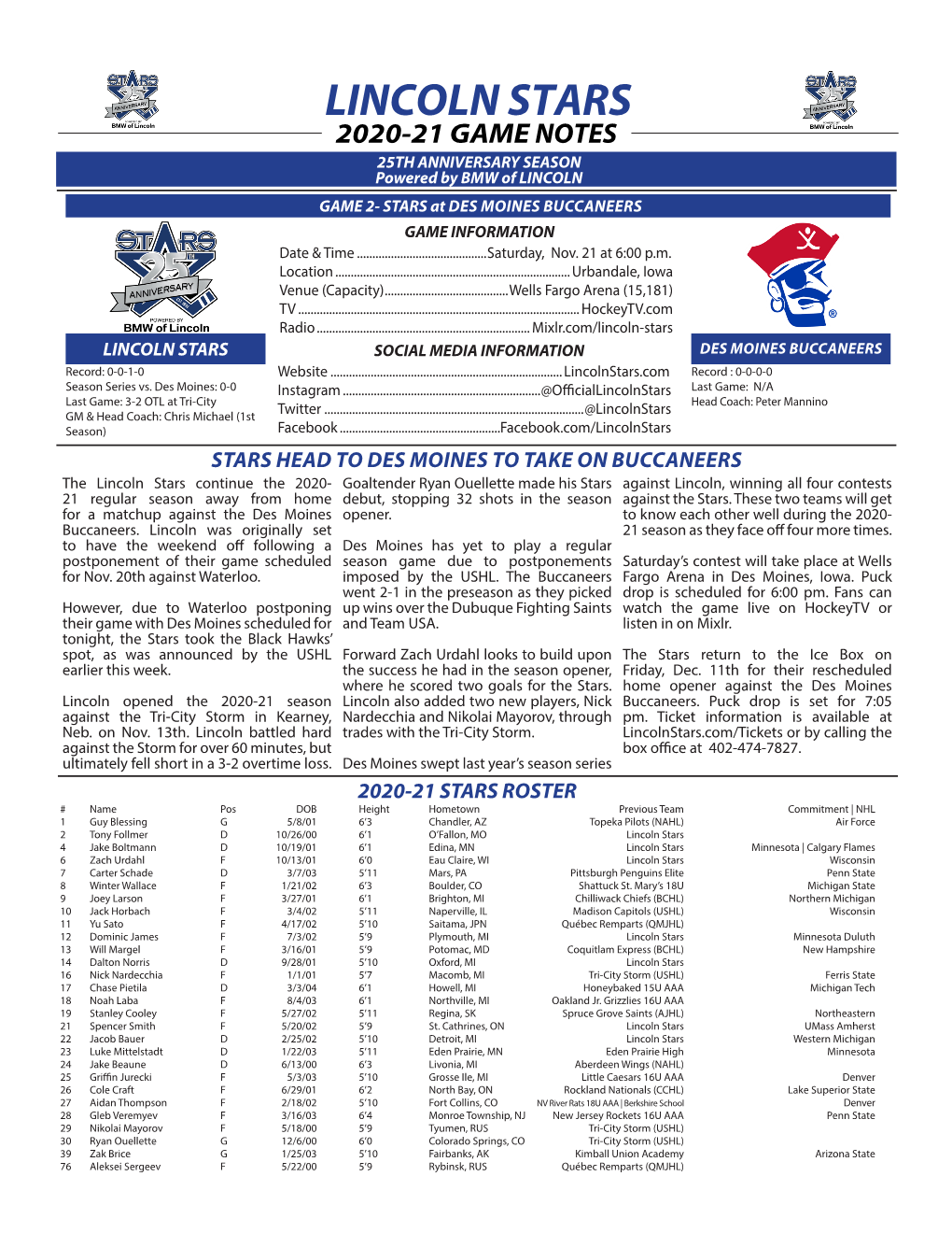 LINCOLN STARS 2020-21 GAME NOTES 25TH ANNIVERSARY SEASON Powered by BMW of LINCOLN GAME 2- STARS at DES MOINES BUCCANEERS GAME INFORMATION Date & Time