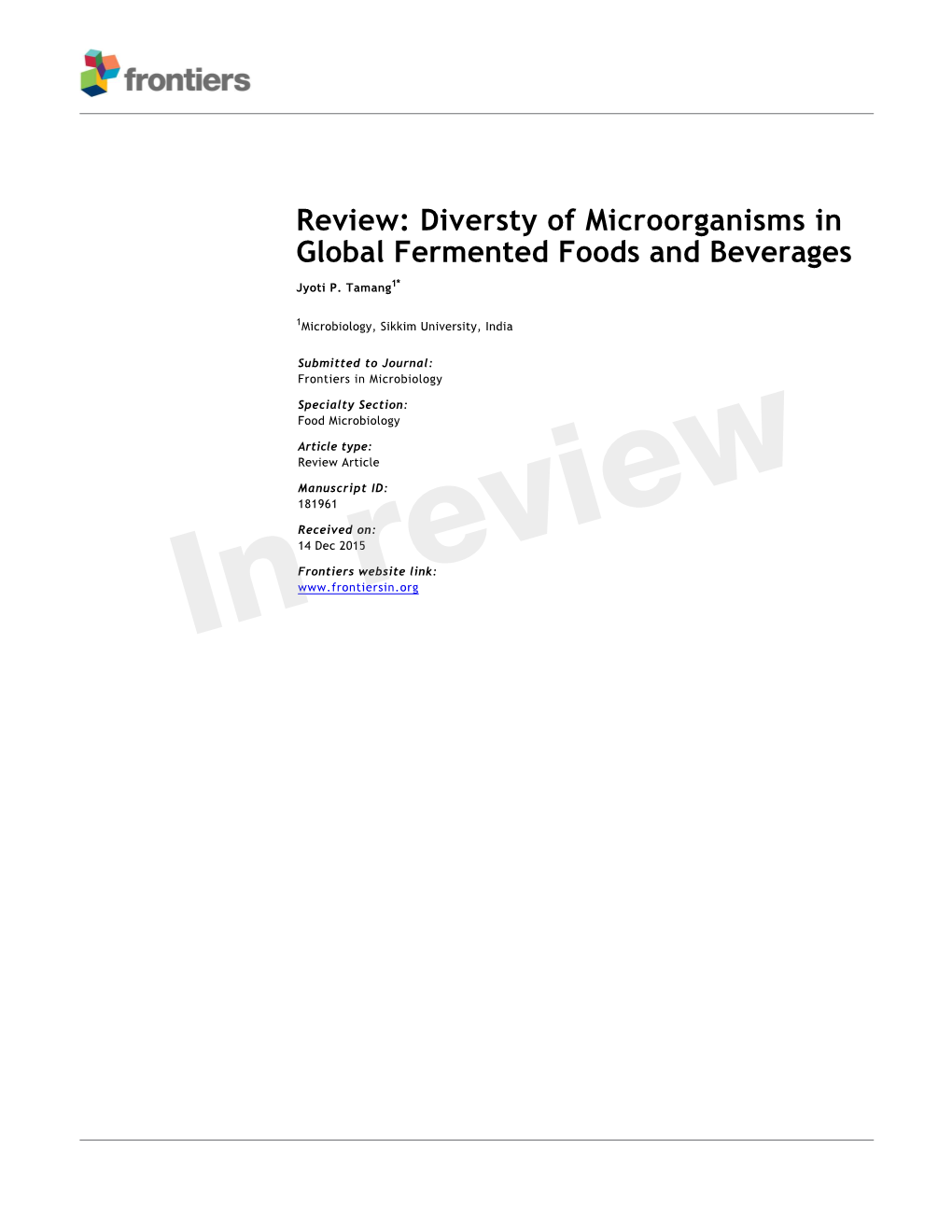 Diversty of Microorganisms in Global Fermented Foods and Beverages