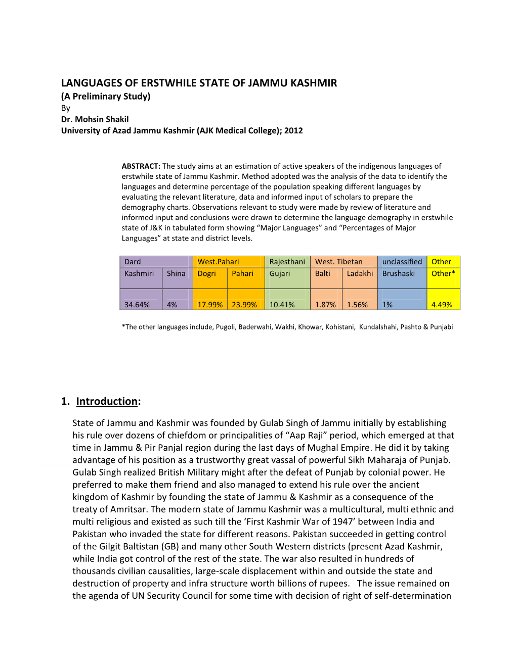 LANGUAGES of ERSTWHILE STATE of JAMMU KASHMIR 1. Introduction