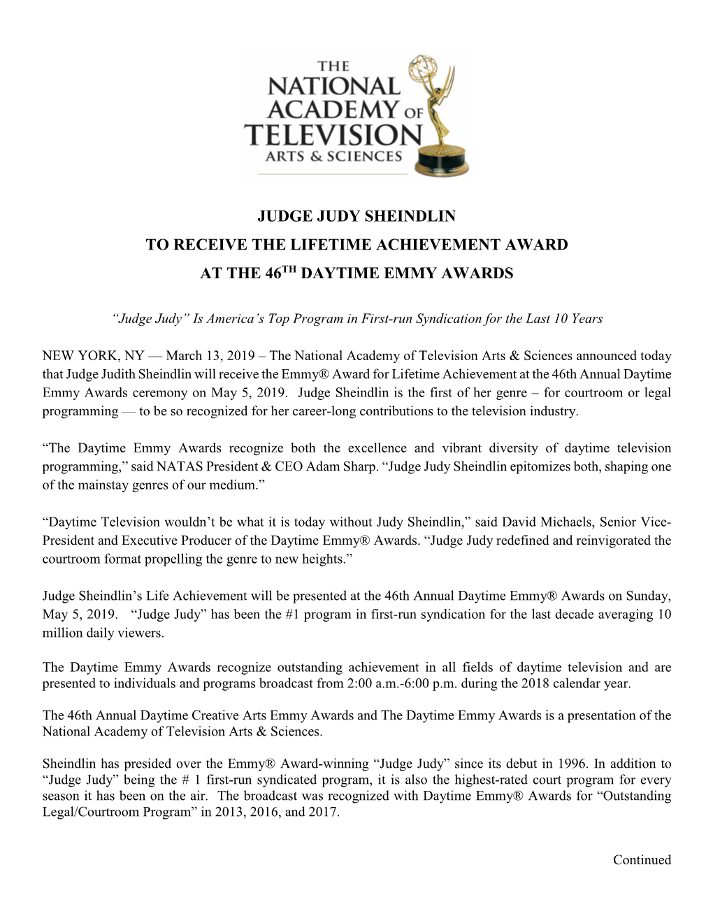 Judge Judy Sheindlin to Receive the Lifetime Achievement Award at the 46Th Daytime Emmy Awards