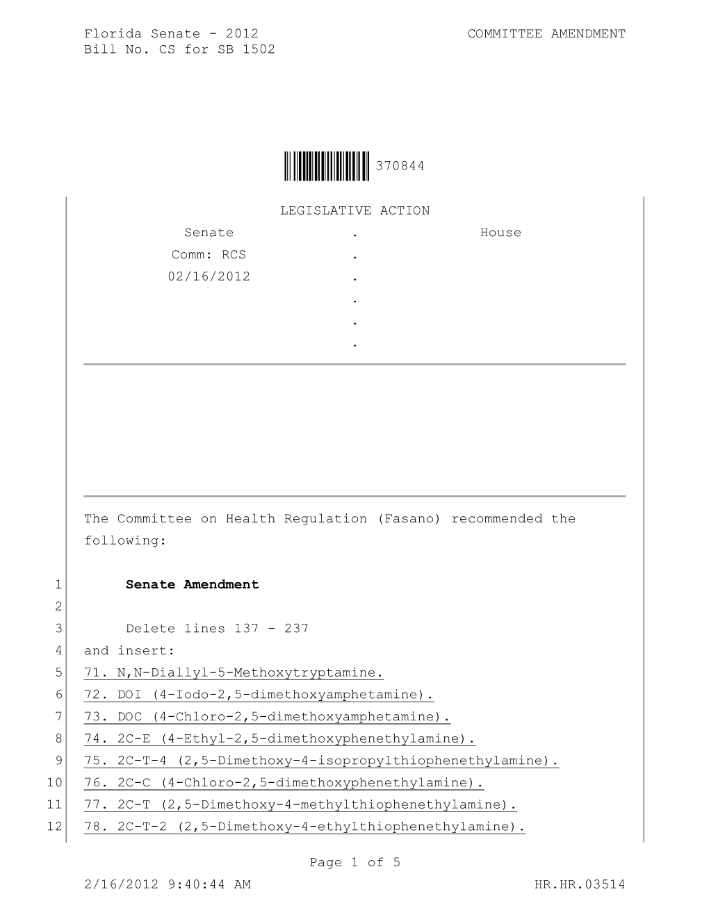 2012 COMMITTEE AMENDMENT Bill No. CS for SB 1502