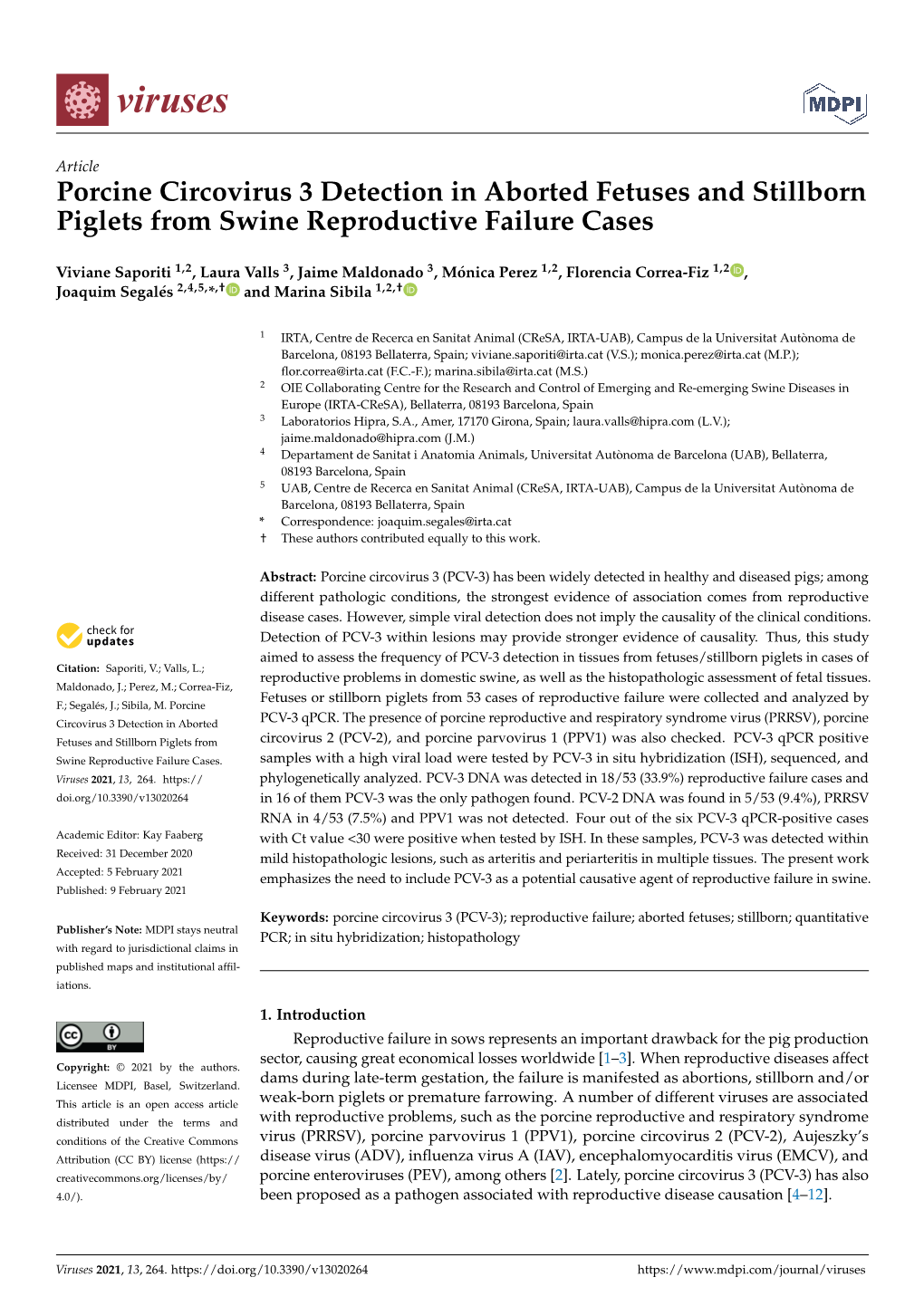 Porcine Circovirus 3 Detection in Aborted Fetuses and Stillborn Piglets from Swine Reproductive Failure Cases