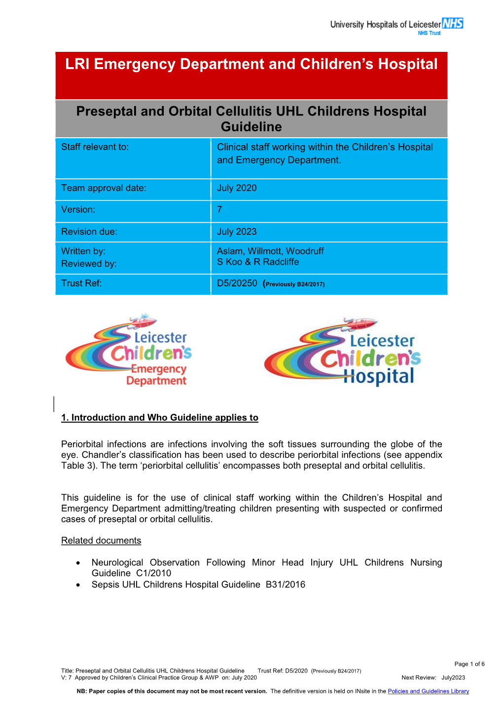 Preseptal and Orbital Cellulitis UHL Childrens Hospital Guideline