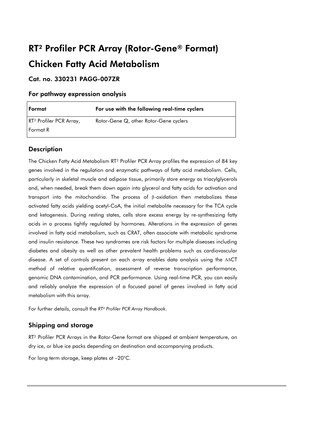 RT² Profiler PCR Array (Rotor-Gene® Format) Chicken Fatty Acid Metabolism