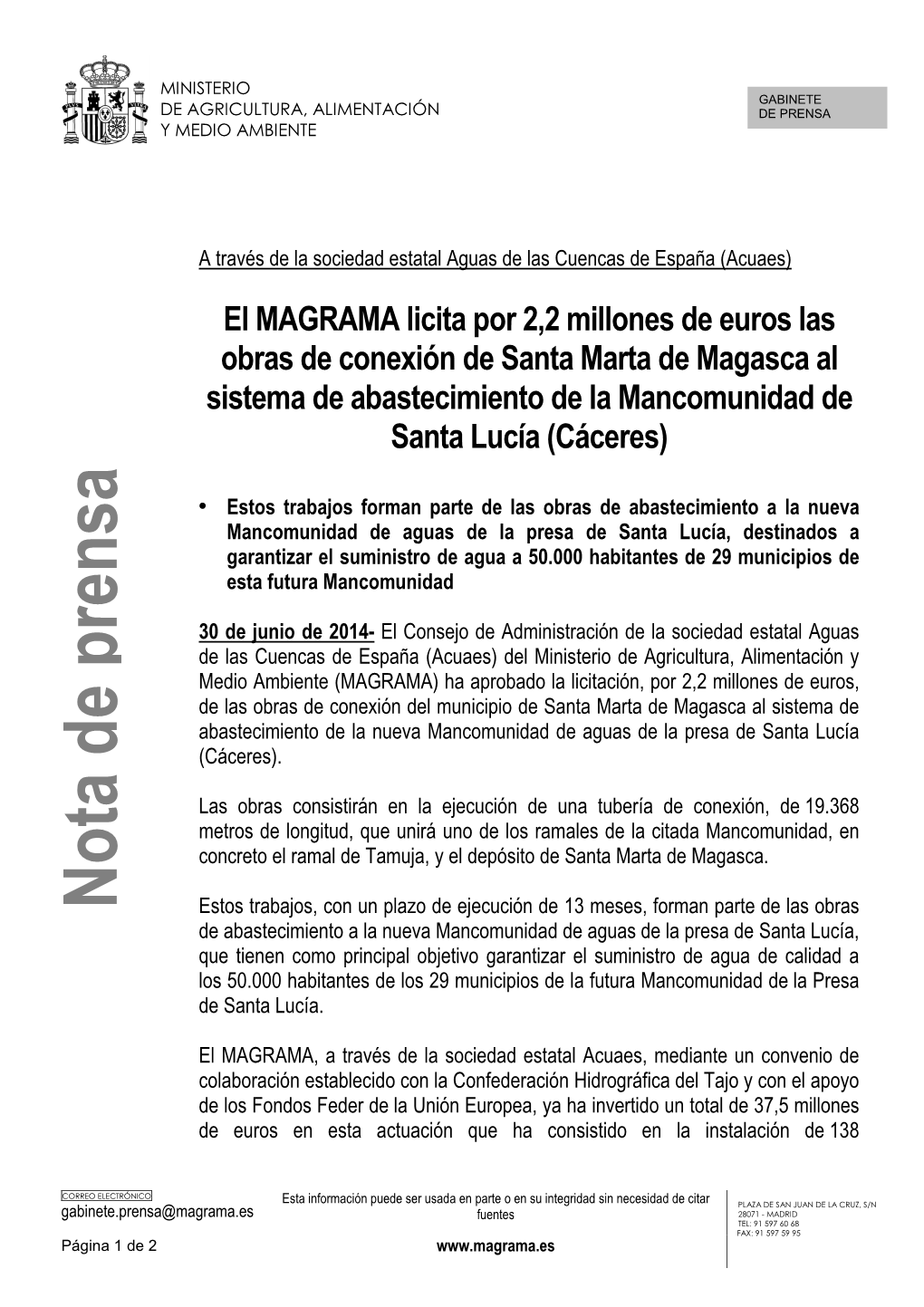 14.06.30 Licitación Conexiones Santa Marta Magasca, Cáceres