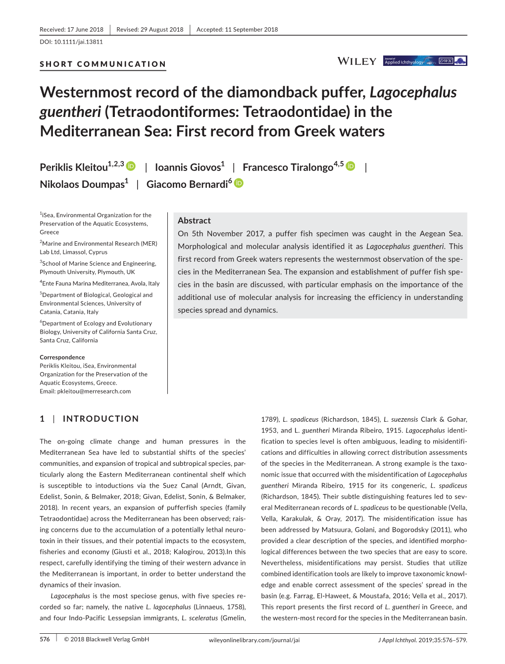 Westernmost Record of the Diamondback Puffer, Lagocephalus Guentheri (Tetraodontiformes: Tetraodontidae) in the Mediterranean Sea: First Record from Greek Waters