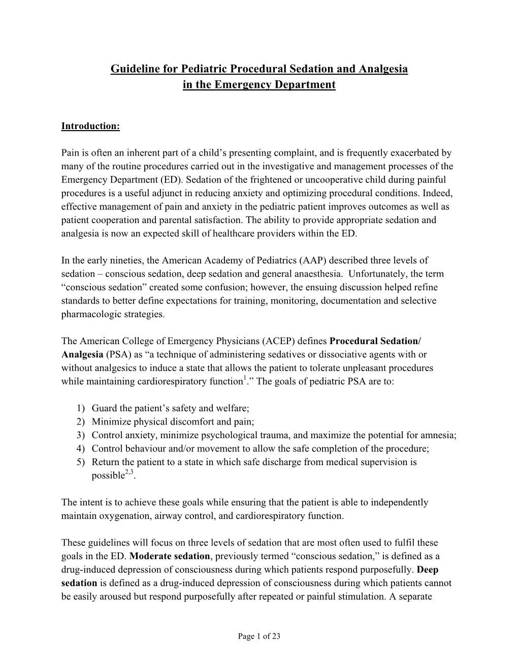 Guideline for Pediatric Procedural Sedation and Analgesia in the Emergency Department