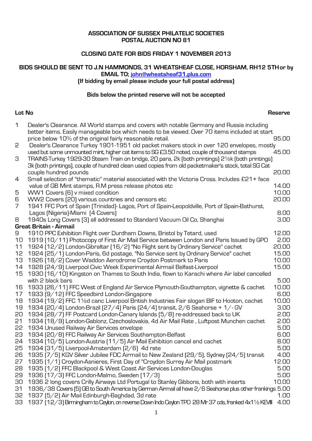 Association of Sussex Philatelic Societies Postal Auction No 81 Closing Date for Bids Friday 1 November 2013 Bids Should Be Sent