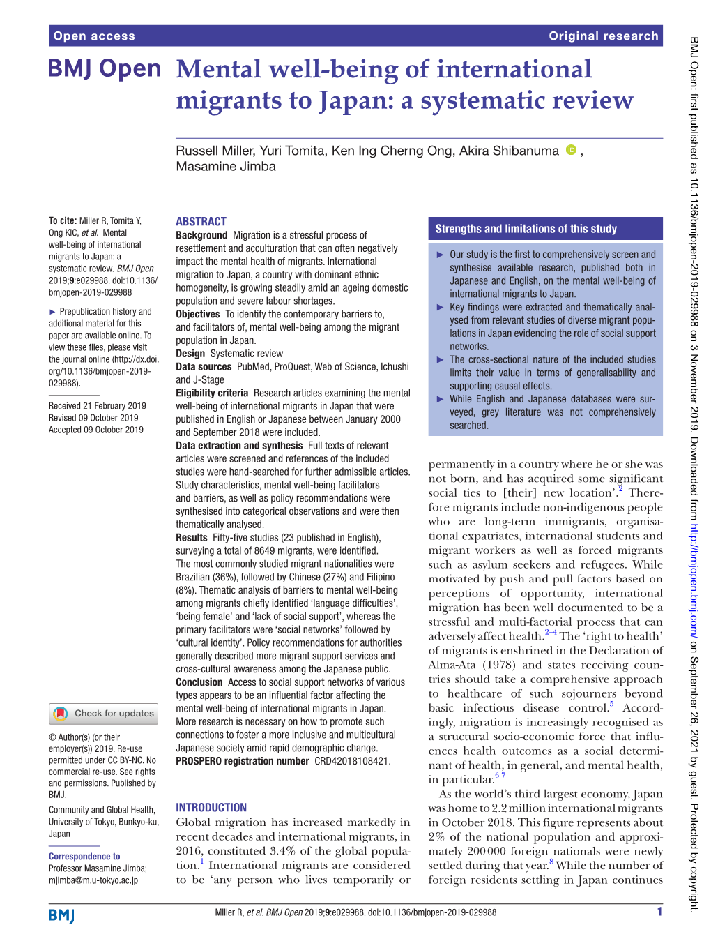 Mental Well- Being of International Migrants to Japan