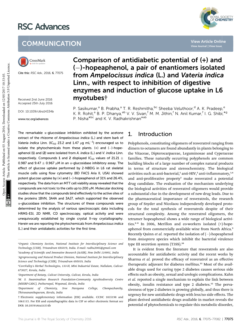 Comparison of Antidiabetic Potential of (+) and (−)-Hopeaphenol, a Pair Of