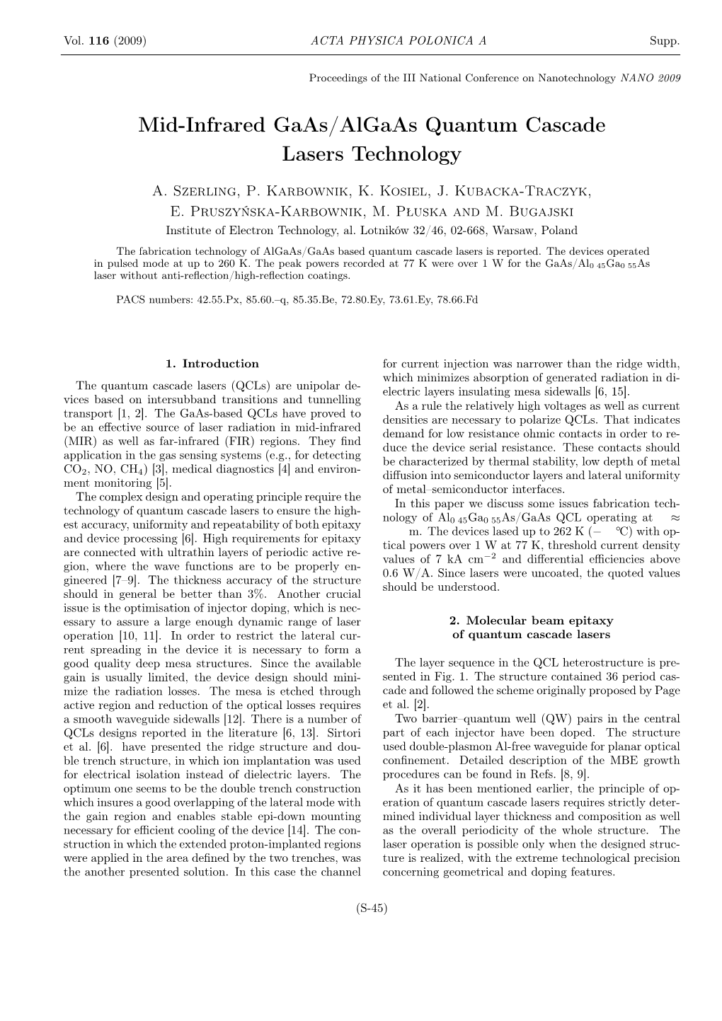 Mid-Infrared Gaas/Algaas Quantum Cascade Lasers Technology