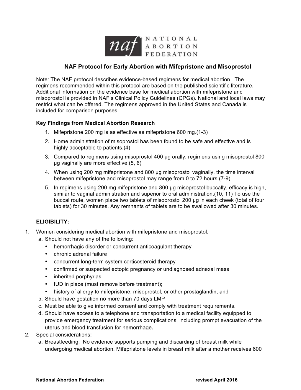 NAF Protocol for Early Abortion with Mifepristone and Misoprostol