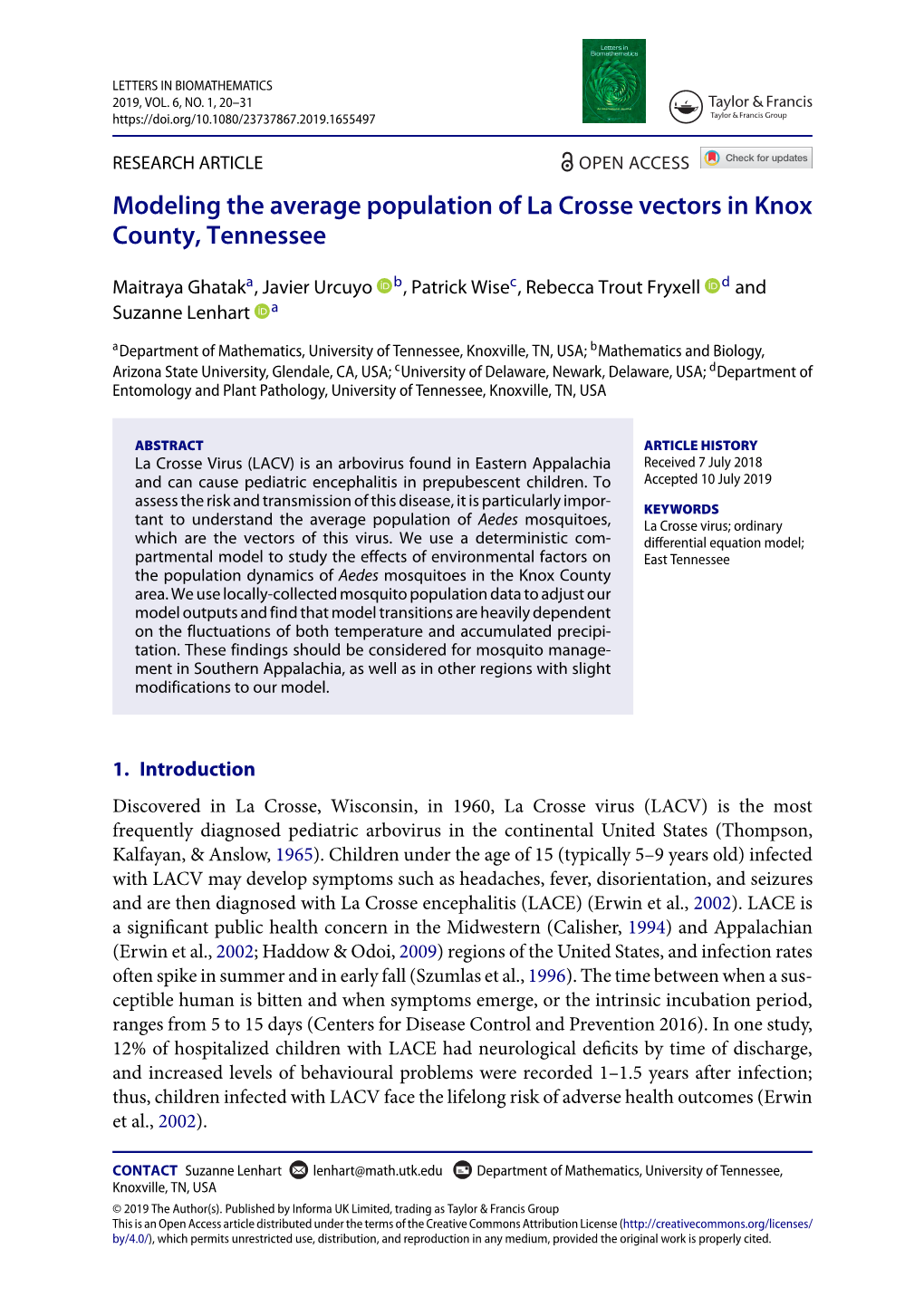 Modeling the Average Population of La Crosse Vectors in Knox County, Tennessee