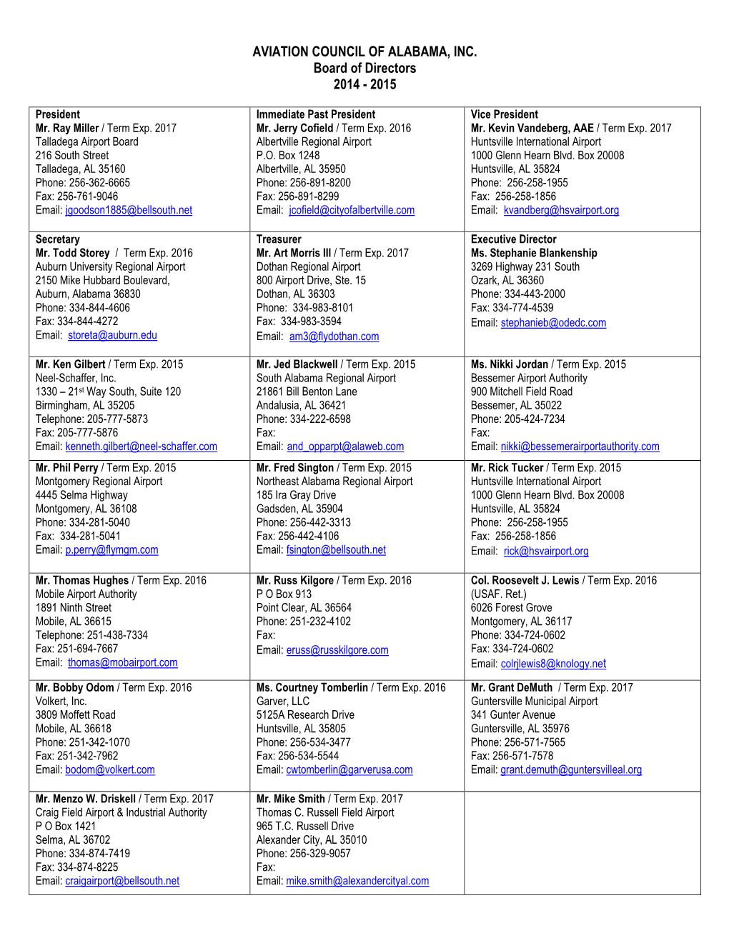 ACA Board of Directors 2014-2015