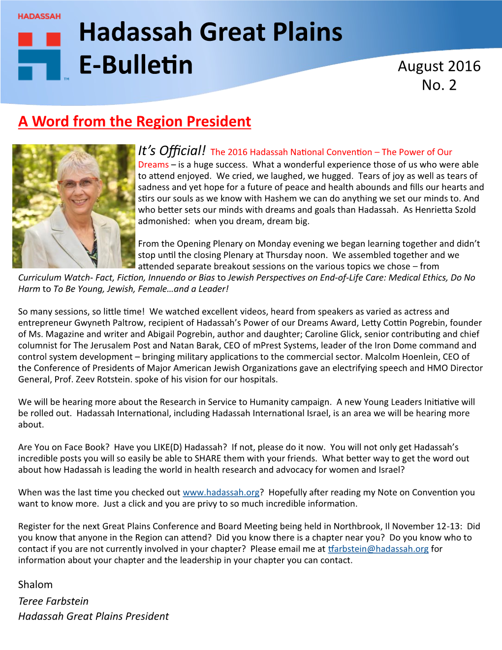 Hadassah Great Plains E-Bulletin August 2016 No