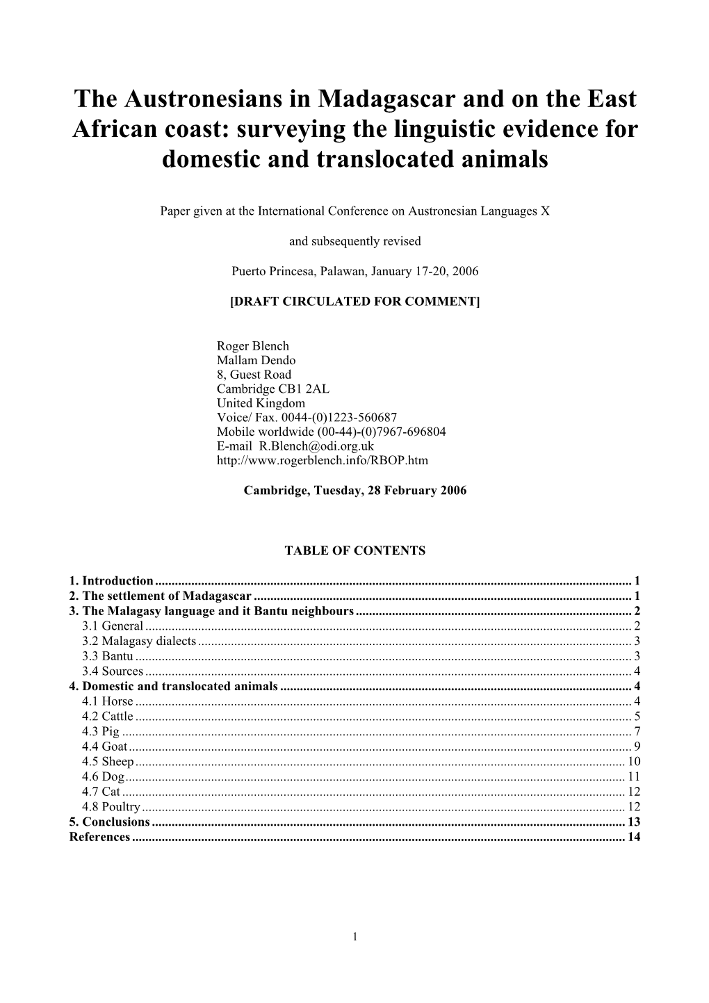 The Austronesians in Madagascar and on the East African Coast: Surveying the Linguistic Evidence for Domestic and Translocated Animals