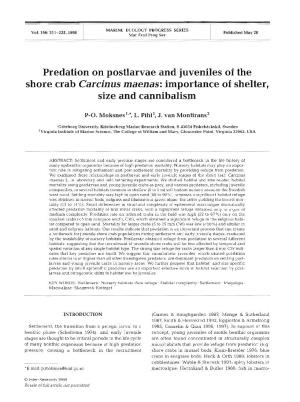 Predation on Postlarvae and Juveniles of the Shore Crab Carcinus Maenas: Importance of Shelter, Size and Cannibalism