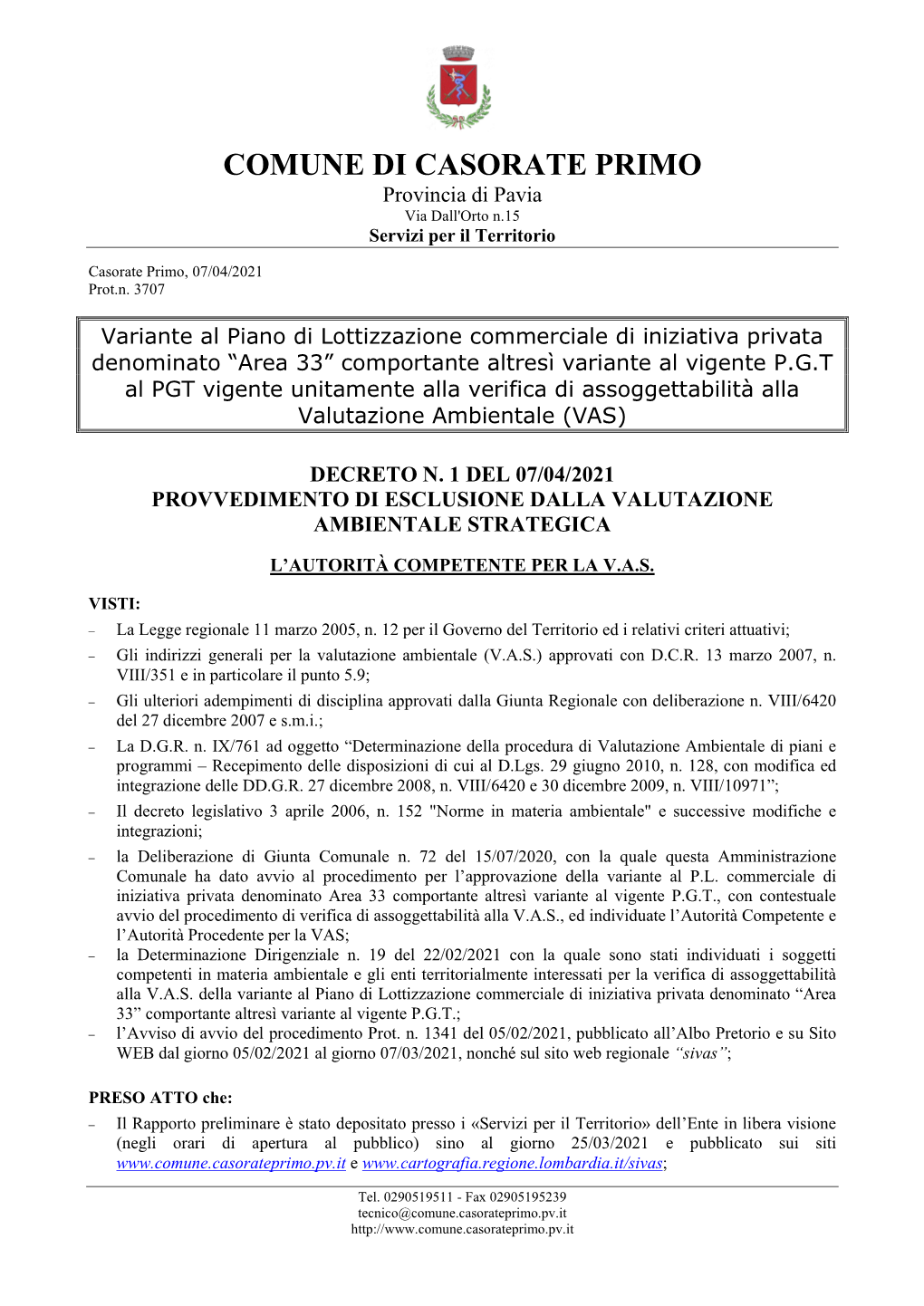 COMUNE DI CASORATE PRIMO Provincia Di Pavia Via Dall'orto N.15 Servizi Per Il Territorio