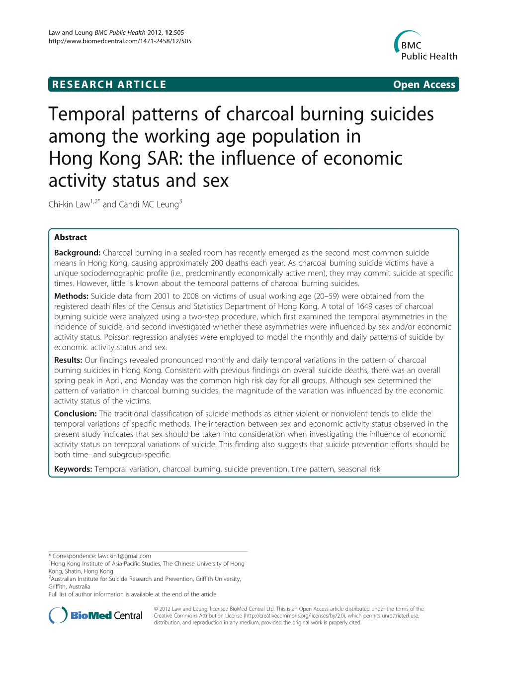 Temporal Patterns of Charcoal Burning Suicides Among