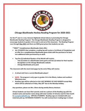 Chicago Blackhawks Hockey Reading Program for 2020-2021
