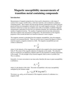 Magnetic Susceptibility Measurements of Transition Metal Containing Compounds