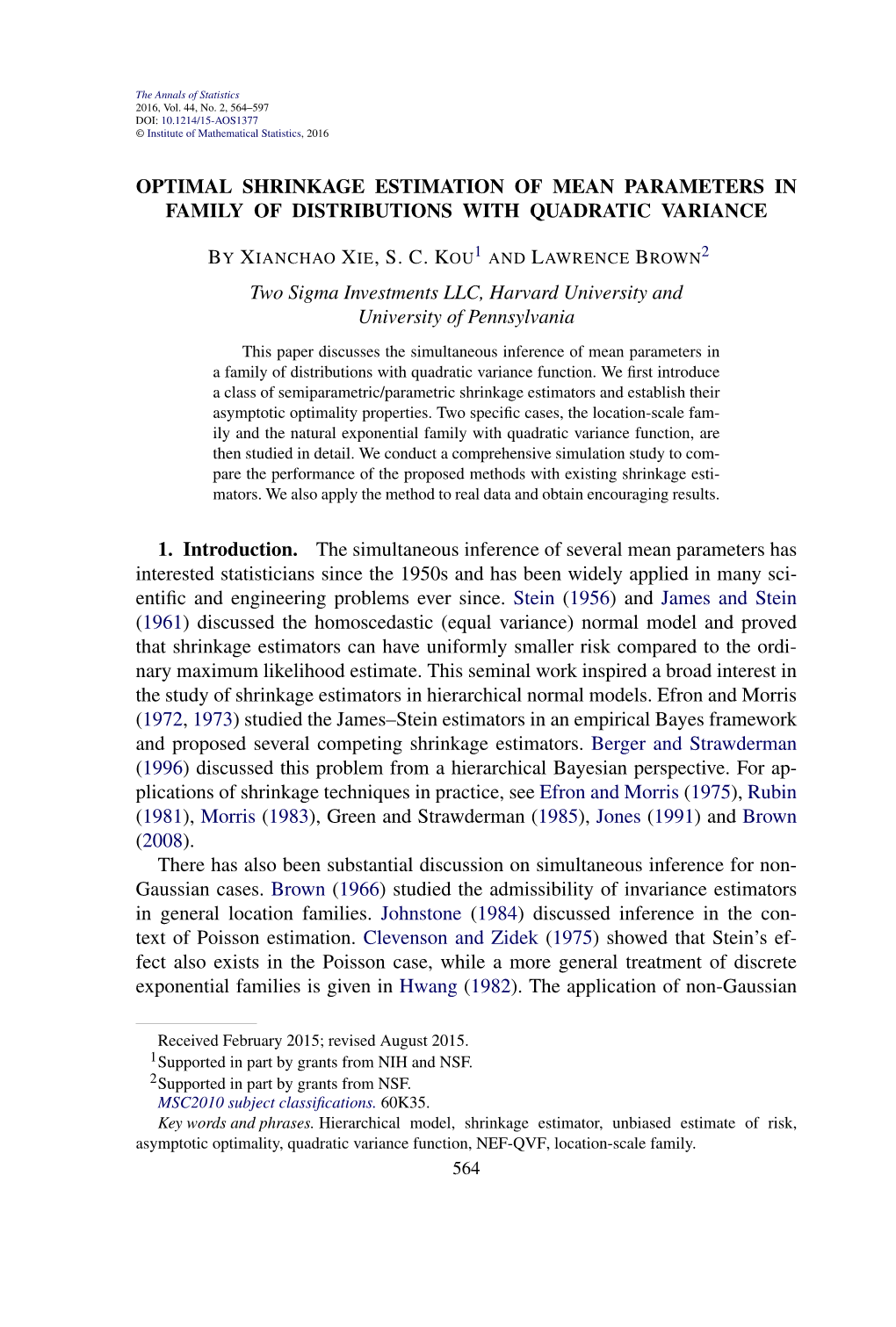 Optimal Shrinkage Estimation of Mean Parameters in Family of Distributions with Quadratic Variance