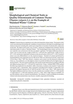 Morphological and Chemical Traits As Quality Determinants of Common Thyme (Thymus Vulgaris L.), on the Example of ‘Standard Winter’ Cultivar